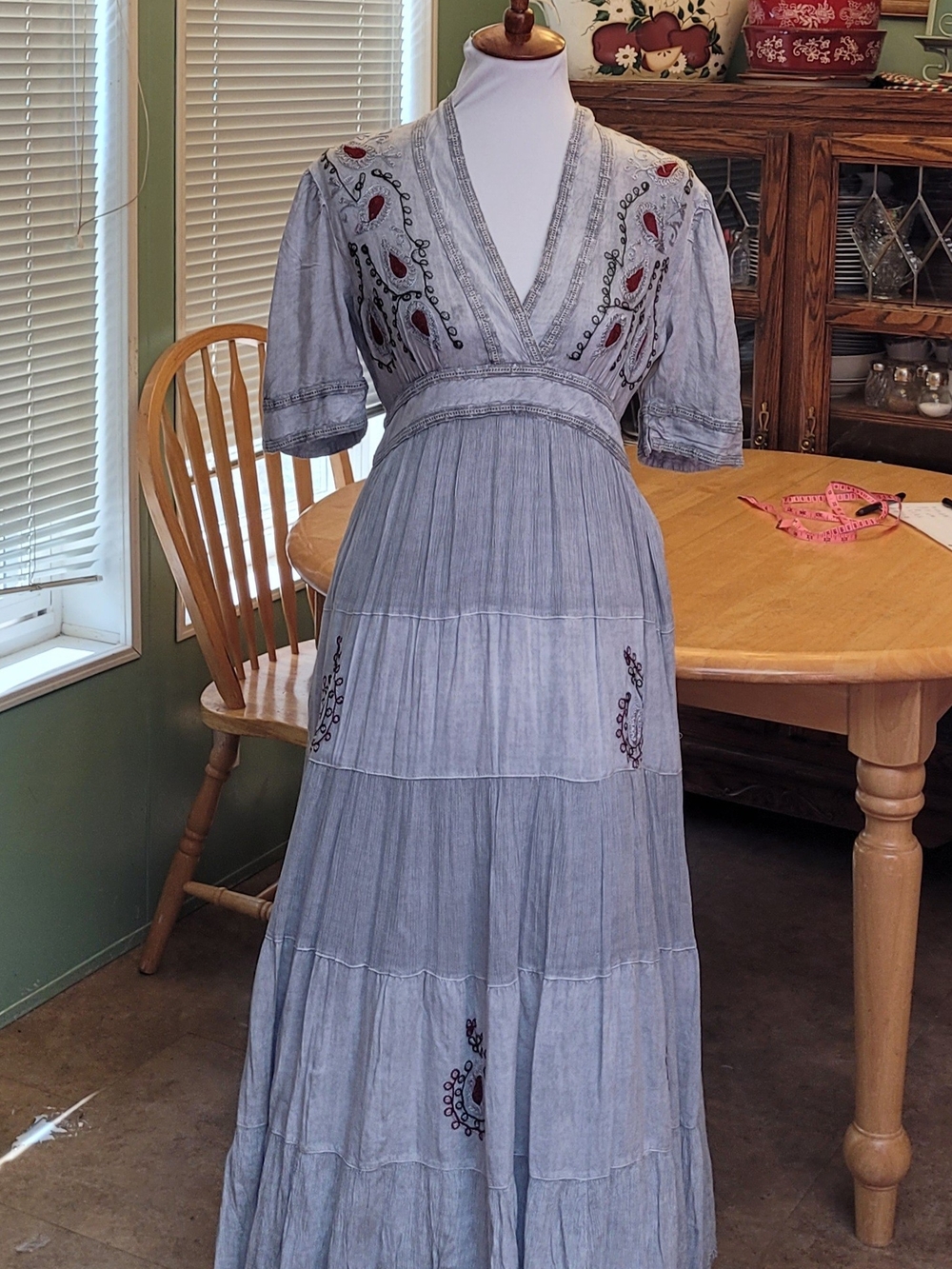 Bohemian Embroidered V-Neck Maxi Dress in Light Gray NWOT